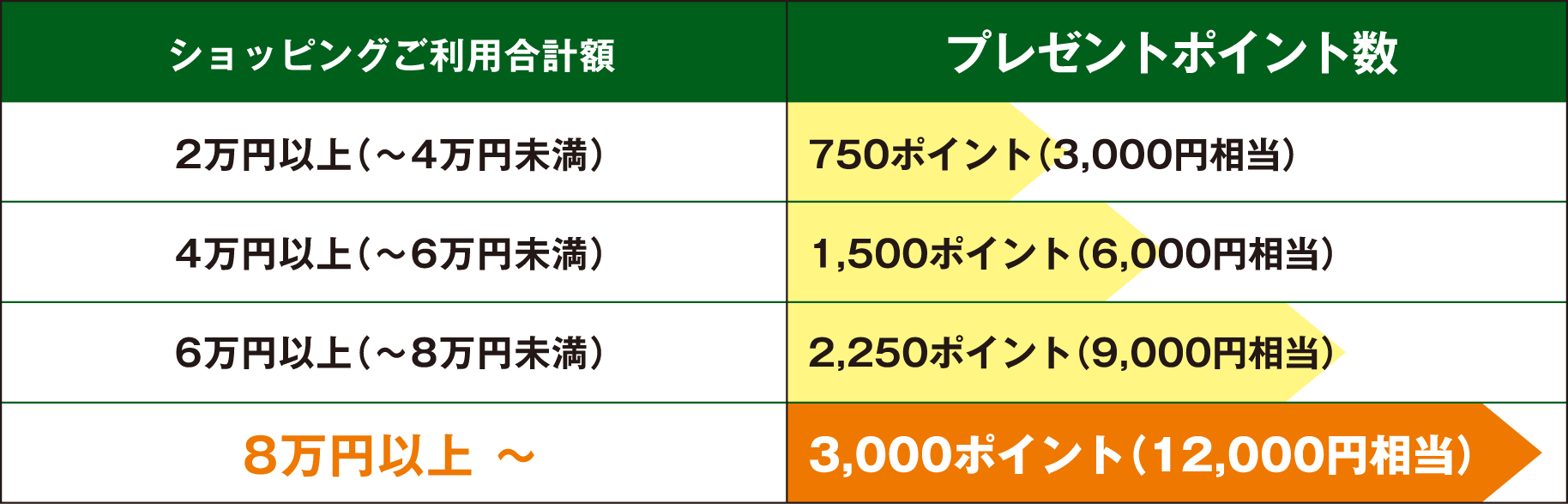 80,000円以上のご利用で最大ポイント（12,000円相当）を進呈いたします。